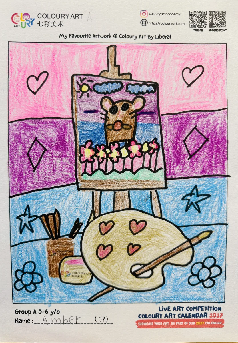 Live Art Competition winning artwork by Amber (Group A, 3–6yo) — an easel with a mouse painting, palette and brushes